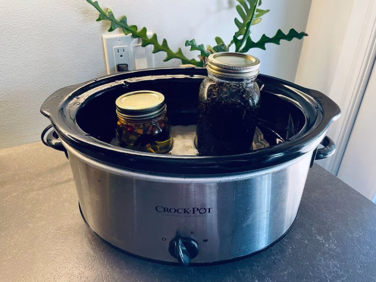 Dried herbs infusing in a glass jar of carrier oil for DIY herbal skincare and natural salve making.