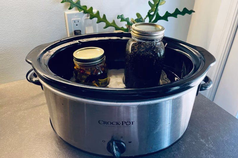 Dried herbs infusing in a glass jar of carrier oil for DIY herbal skincare and natural salve making.